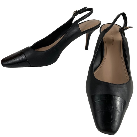 Banana Republic Slingback Black Soft Leather Strap 2.75” Heels Textured Size 9.5 - Picture 1 of 16
